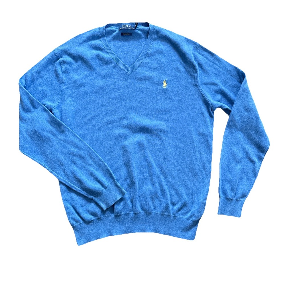 Polo Ralph Lauren Sweater‎ Men Medium Blue V Neck Pima Cotton Lightweight